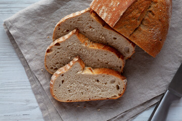 Homemade Sourdough Bread, top view. Flat lay, overhead, from above.