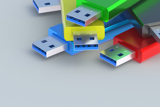 Heap of multicolor flash drives, usb memory sticks. Electronic access key. Data storage. 3d render