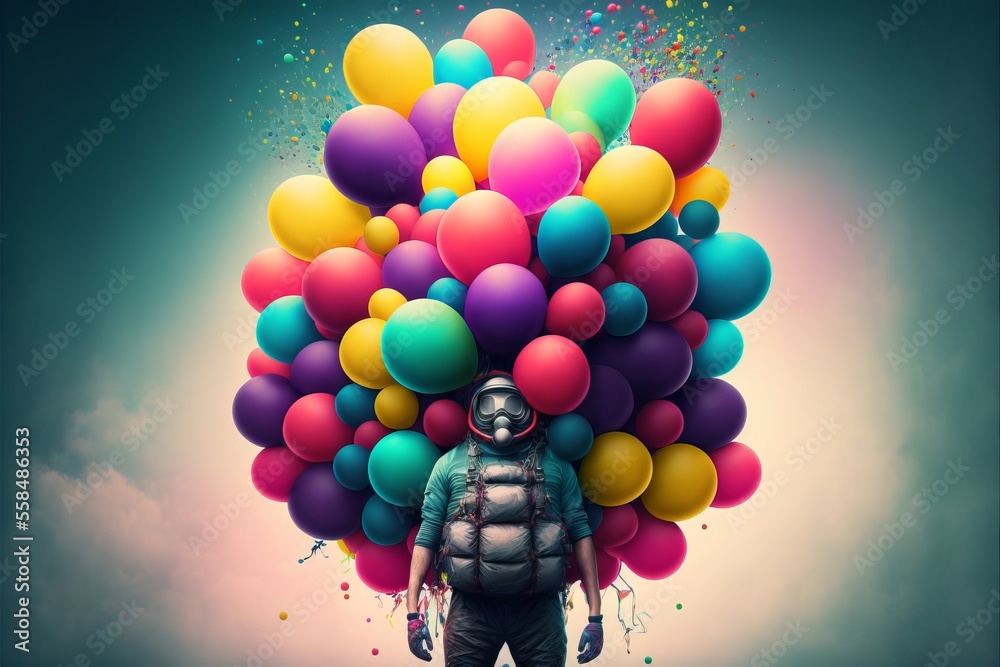 Wall mural man with mask and colorful ballons. generative ai