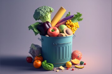 Fresh food in a garbage can. Food waste. Generative AI