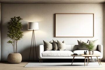 living room design, panoramic, brilliant wall mockup. Generative AI