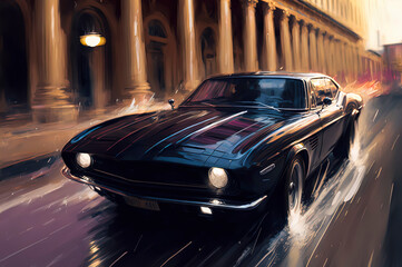 Obraz na płótnie Canvas quick stroke oil painting of a car at high speed down a street, cinematic action chase scene