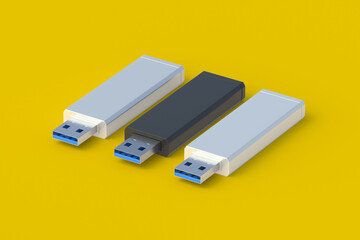 Black and white flash drives, usb memory sticks. Electronic access key. Data storage. 3d render