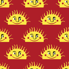 Pattern with Funny Funky sun with a lovely face. Freaky quirky sun in modern doodle style. Vector illustration