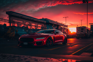 elegant red car parked, sunset in the background