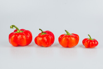 Red fresh bell pepper, paprika isolated with water drops on white background. Fresh ripe colorful bell pepper as a background, close up.