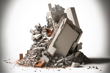 a demolished building's ruins isolated on a white backdrop. concrete wall pieces, steel reinforcing, and cement shards. Building collapse or destruction idea. the space bar. Generative AI