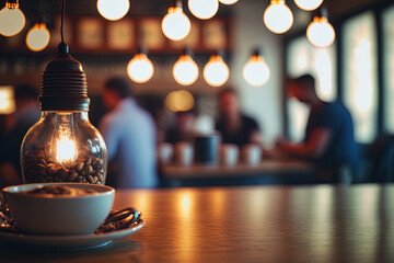 Images of the coffee shop's interior that are blurred due to the lighting and background bokeh. Generative AI