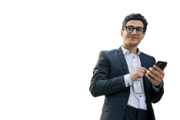 The manager uses the phone, a man with glasses works from the office in a suit, transparent background.