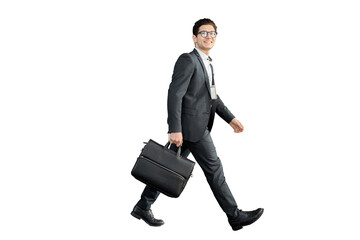 The manager is a man with glasses going to the office in a business suit with briefcase,...