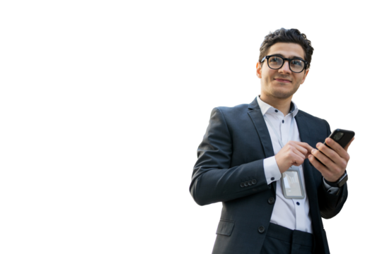 The manager uses the phone, a man with glasses works from the office in a suit, transparent background.