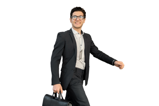 The manager is a man with glasses going to the office in a business suit, transparent background.