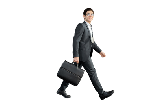 The manager is a man with glasses going to the office in a business suit with briefcase, transparent background.