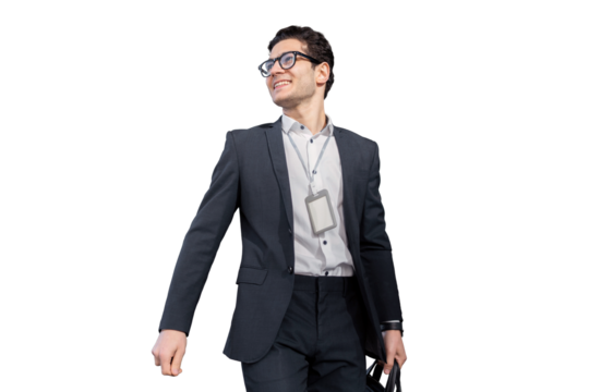 A successful man with glasses goes to work in a coworking space startup of a new project, transparent background.