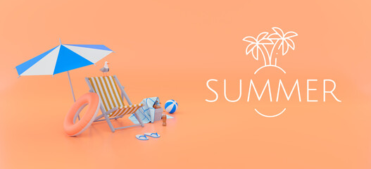 Summer vacation concept. Beach chair and beach accessories, 3d illustration.