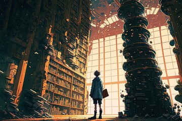 Anime guy standing with a large shelf of books