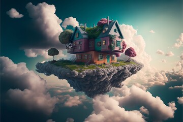 Obraz na płótnie Canvas A surreal, dreamlike image of a house floating in the clouds, using imaginative shapes and colors, Generative AI