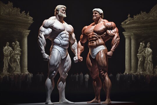 Myster Olympia competition, two Roman bodybuilders stand on stage presenting their figures. Fictional characters. Generative illustration ai. Creative digital painting.