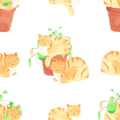 Watercolor cat in pot seamless pattern - greenery cats near pot, tropical leaves in basket, sitting black kitty, red cat on books, brown sitting cat