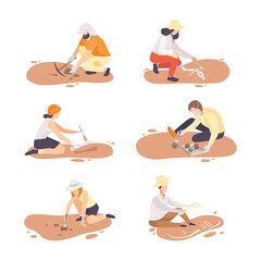 Archeologists digging finding historical artifacts set. Archeological expedition excavations cartoon vector illustration - obrazy, fototapety, plakaty