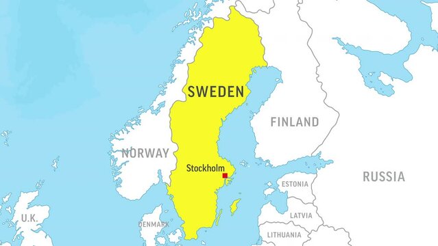 Sweden Map. Zoom on World Map. 4k Video Footage. Motion Graphics