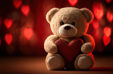 Cute tan plush teddy bear holding a red Valentine's Day heart with a bokeh red hearts background, AI-Generated