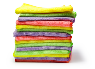 Stack of clean colorful microfiber cloths isolated on white background.