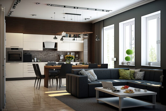 contemporary apartment kitchen and living room. Generative AI