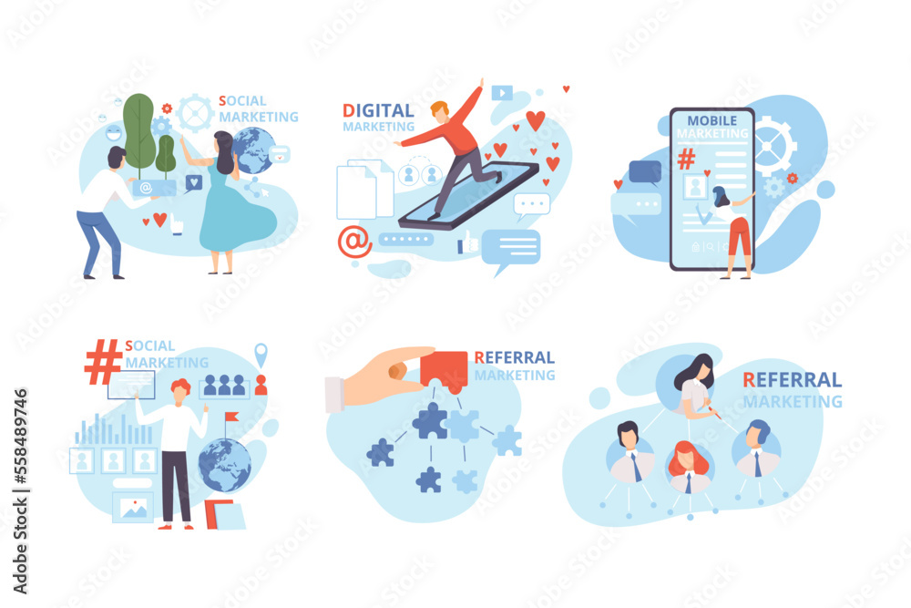 Poster Business people taking part in business activities set. Dgital, social media, mobile, referral marketing flat vector illustration