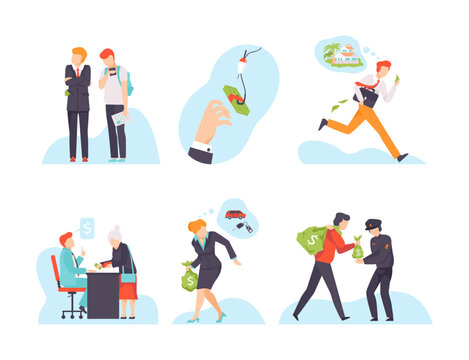 Corruption and bribery concept. Business people taking cash bribe from partner or client. Corrupted business or financial crime flat vector illustration
