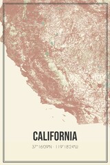 Retro map of California, USA. Vintage street map.