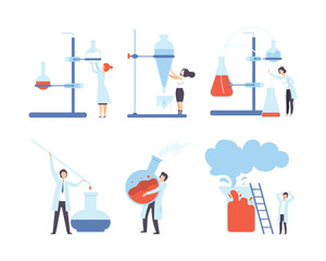 Tiny scientists working in laboratory set. Researcher characters working with lab scientific equipment flat vector illustration