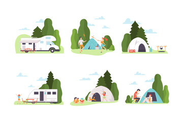 Tourists on vacation set. People traveling buy trailers and camping on nature on summer holidays flat vector illustration