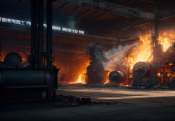 Fototapeta na wymiar A giant metal factory with molten metal being worked on.