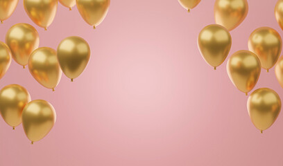 Golden balloons on pink background. Luxury pink and gold background scene. 3d rendering
