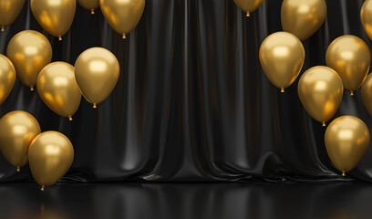 Golden balloons on black background with curtains. Luxury black and gold scene. Floor with reflections. 3d rendering