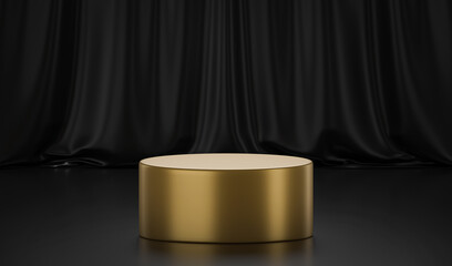 Golden podium on black backgroud. Luxury minimal scene with gold and black interior. 3d rendering