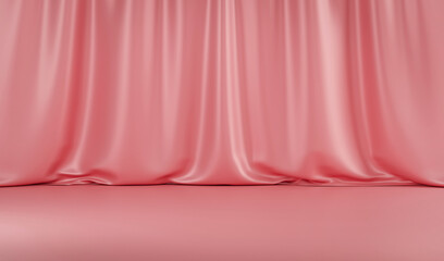 Pink curtain on floor. Luxury minimal scene with curtains and empty space for product. 3d rendering