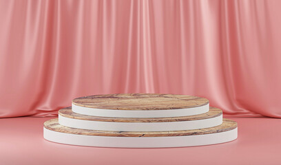 Pink interior with wooden podium and curtains. Minimalistic luxury scene for presentation. 3d rendering