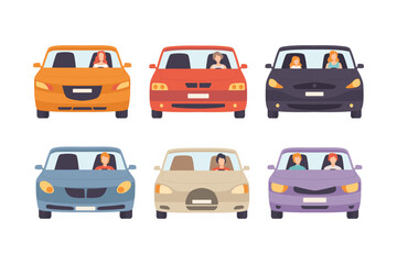 People driving cars set. Front view of male and female drivers and passenger sitting in car flat vector illustration