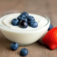 Tazón de yogurt cremoso y deliciosas moras azules (generado por I.A.)