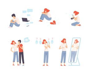 Teenage puberty problems set. Depression, stress at school, lack of money, bullying, unrequited one sided love flat vector illustration