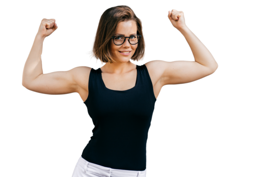 Strong fitness girl with short hair dressed casual, demonstrates her biceps outdoor over transparent background. Beautiful Italian Young woman with short hair shows muscles.