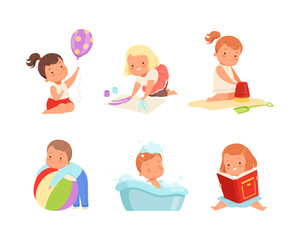 Toddler baby in everyday activities set. Adorable boys and girls playing toys, painting with fingerprints, bathing, reading books cartoon vector illustration