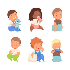 Toddler baby in everyday activities set. Adorable boys and girls playing toys, eating, sleeping cartoon vector illustration