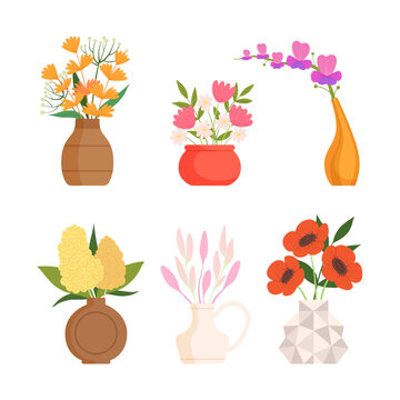 Set of flower bouquets. Bright summer blooming flowers in vases cartoon vector illustration