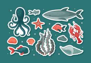 Sea and ocean underwater animals stickers set. Cute aquatic creatures cartoon vector
