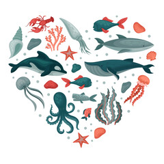 Marine animals in heart shape. Underwater world, sea creatures banner, poster, card design template cartoon vector