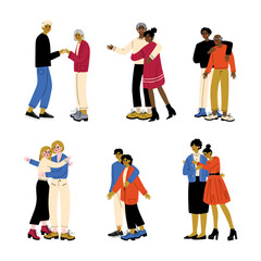 Homosexual, lesbian and heterosexual couples in love set. Men and women of different ages and nationalities hugging cartoon vector illustration