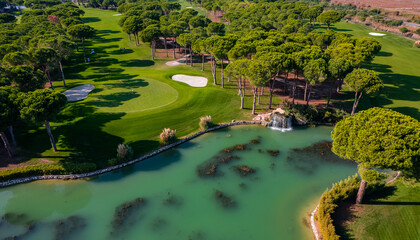 Luxury Green golf course field with lake Antalya Belek Turkey, aerial top view